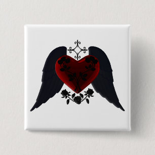 Badge Carré 5 Cm Bouton Coeur de Goth à ailes noires