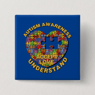 Badge Carré 5 Cm Bouton Coeur du puzzle sensibilisation sur l'autis