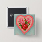 Badge Carré 5 Cm Bouton Coeur et Rose (Devant & derrière)
