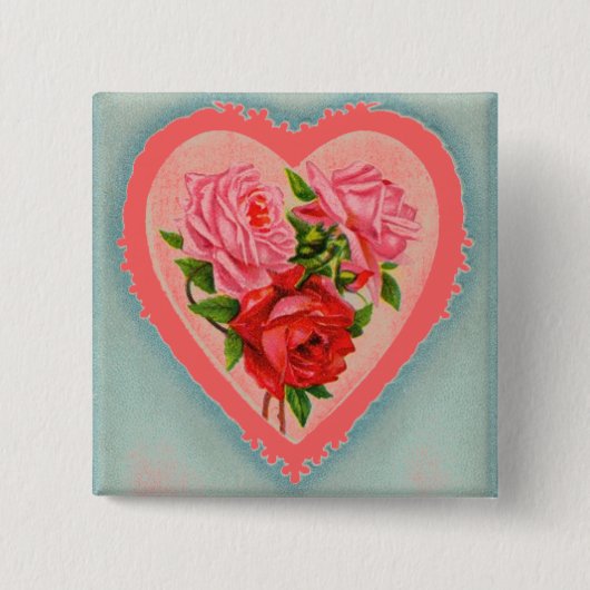Badge Carré 5 Cm Bouton Coeur et Rose (Devant)