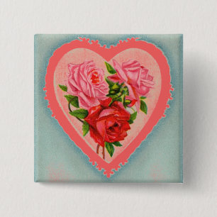 Badge Carré 5 Cm Bouton Coeur et Rose