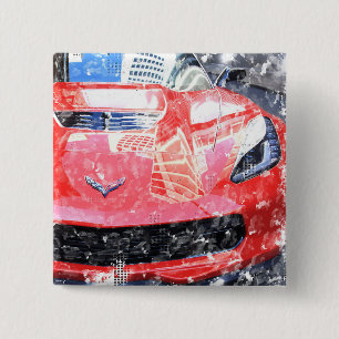 Badge Carré 5 Cm Bouton Corvette rouge