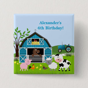 Badge Carré 5 Cm Bouton d'anniversaire d'animaux de ferme de