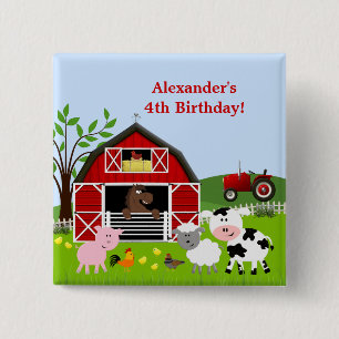 Badge Carré 5 Cm Bouton d'anniversaire de Barnyard Farm Animals