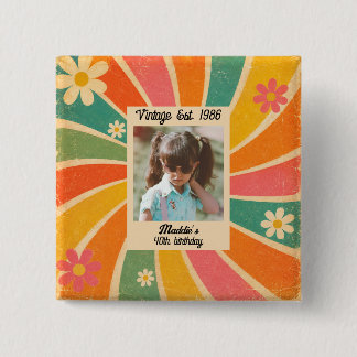 Badge Carré 5 Cm Bouton d'anniversaire de photo colorée rétro vinta