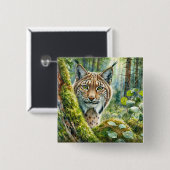 Badge Carré 5 Cm Bouton d'aquarelle Lynx dans la forêt verte luxuri (Devant & derrière)
