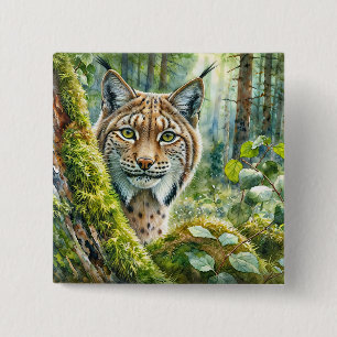 Badge Carré 5 Cm Bouton d'aquarelle Lynx dans la forêt verte luxuri