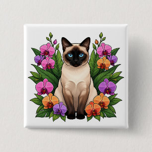 Badge Carré 5 Cm bouton de chat siamois botanique
