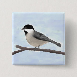 Badge Carré 5 Cm Bouton de Chickadee Noir-couvert par aquarelle