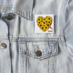 Badge Carré 5 Cm Bouton de cœur de tournesol