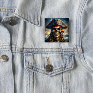 Badge Carré 5 Cm Bouton de crâne de pirate méchant