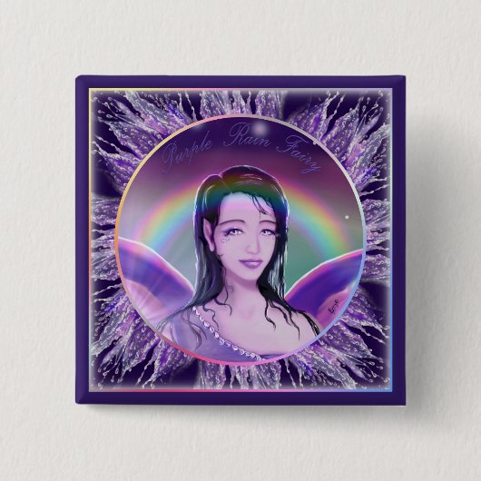 Badge Carré 5 Cm Bouton de fée de pluie violette (Devant)