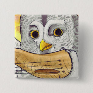Badge Carré 5 Cm Bouton de Hornlute de hibou de grand gris