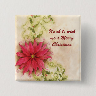 Badge Carré 5 Cm Bouton de Noël de poinsettia et de houx