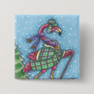 BADGE CARRÉ 5 CM BOUTON DE VACANCES DE FLAMANT ROSE ROSE HIVER