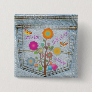 Badge Carré 5 Cm Bouton Denim Back Pocket Flowers Peace Love Hope