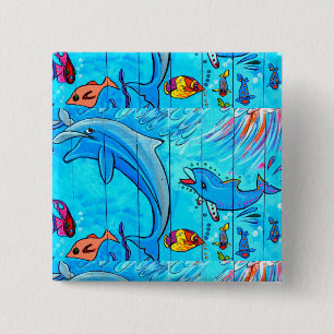 Badge Carré 5 Cm bouton des dauphins riants