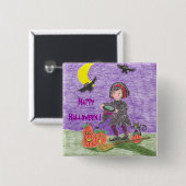 Badge Carré 5 Cm Bouton d'Halloween violet de sorcière (Devant & derrière)