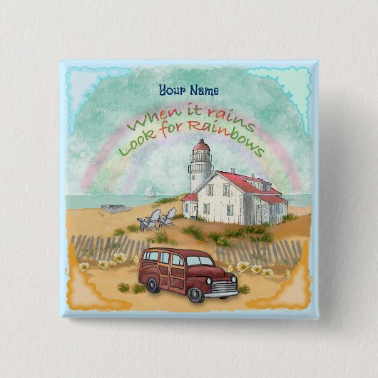 Badge Carré 5 Cm Bouton du phare Rainbow Beach (Devant)