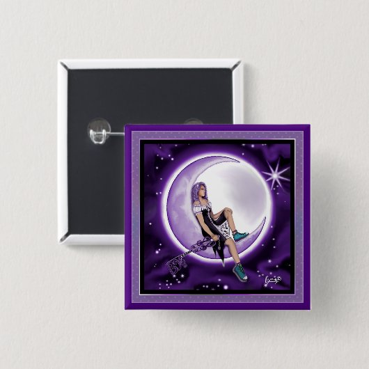Badge Carré 5 Cm Bouton enfant Lune violette (Devant & derrière)