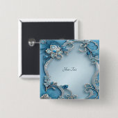 Badge Carré 5 Cm Bouton floral orné bleu (Devant & derrière)