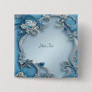 Badge Carré 5 Cm Bouton floral orné bleu