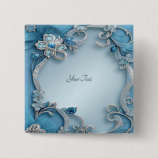 Badge Carré 5 Cm Bouton floral orné bleu (Devant)
