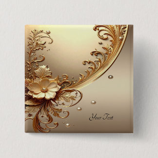 Badge Carré 5 Cm Bouton Floral Orné Doré