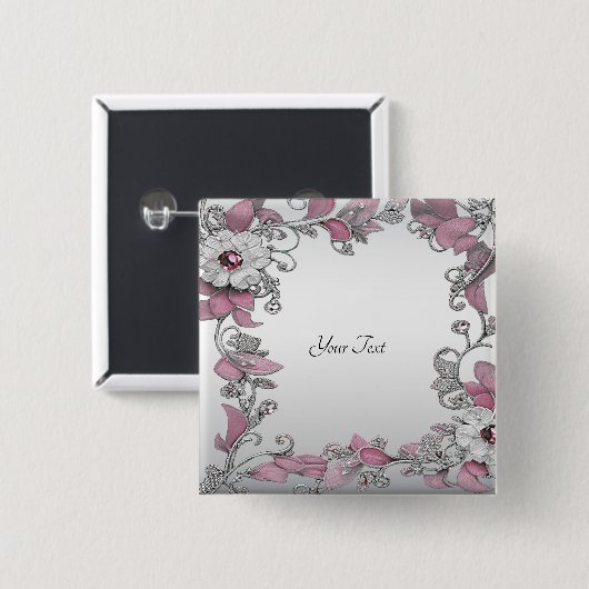 Badge Carré 5 Cm Bouton floral rose argenté blanc (Devant & derrière)