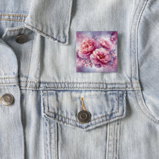 Badge Carré 5 Cm Bouton Galaxy Peony (En situation)