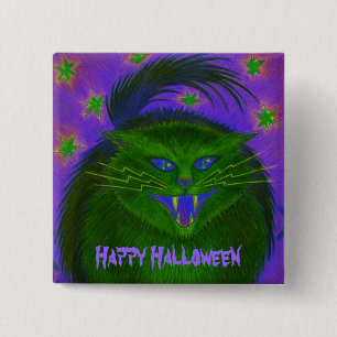 Badge Carré 5 Cm Bouton "Halloween heureux" de chat effrayant