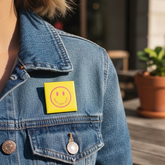 Badge Carré 5 Cm Bouton Heureux