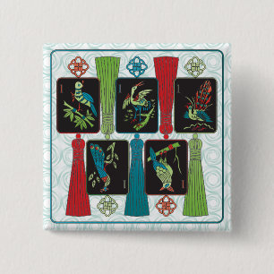 Badge Carré 5 Cm Bouton Mah Jongg Bird Tassels