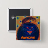 Badge Carré 5 Cm Bouton "MEEEOOOWWW" en bleu chat effrayant (Devant & derrière)