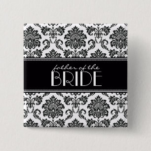 Badge Carré 5 Cm Bouton Noir et Blanc du père de la mariée Damask