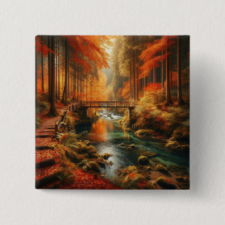 Badge Carré 5 Cm Bouton Paysage Automne