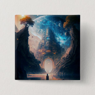 Badge Carré 5 Cm Bouton paysage de château d'Imaginaire futuriste