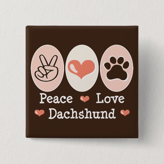 Badge Carré 5 Cm Bouton Peace Love Dachshund (Devant)