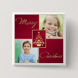 Badge Carré 5 Cm Bouton photo Arbre de Noël rouge, blanc et or