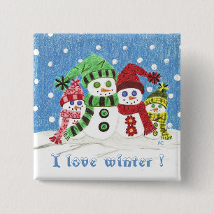 Badge Carré 5 Cm Bouton portrait famille Snowmen