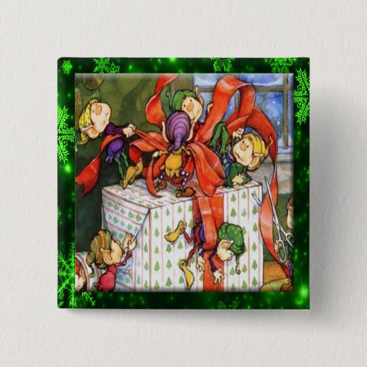 Badge Carré 5 Cm Bouton Présent De Joyeux Elfes Enveloppant (Devant)