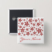 Badge Carré 5 Cm Bouton Red Stars 'Your Name' blanc (Devant & derrière)