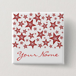 Badge Carré 5 Cm Bouton Red Stars 'Your Name' blanc