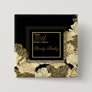 Badge Carré 5 Cm Bouton rose de 50e anniversaire or, bronzé et jaun