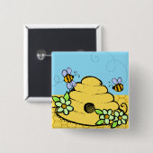 Badge Carré 5 Cm Bouton ruche et abeilles (Devant & derrière)