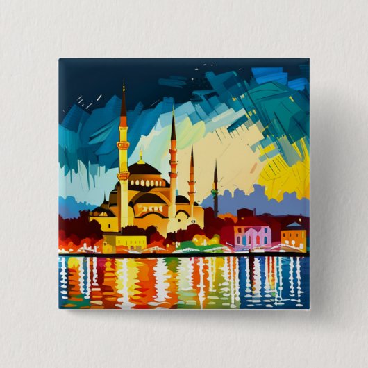 Badge Carré 5 Cm Bouton Souvenir de la mosquée d'Istanbul (Devant)