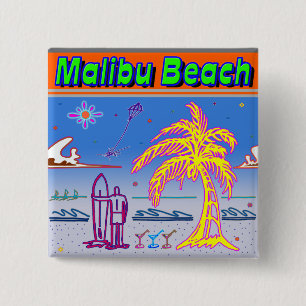 Badge Carré 5 Cm Bouton Surfer "Malibu Beach"