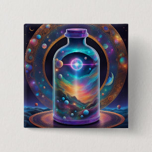 Badge Carré 5 Cm Bouton - Temps dans une bouteille; Galaxie Prismat