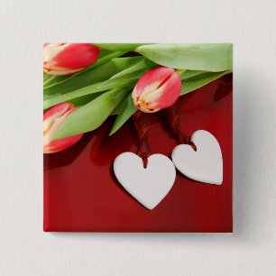 Badge Carré 5 Cm Bouton Tulipes & Coeurs