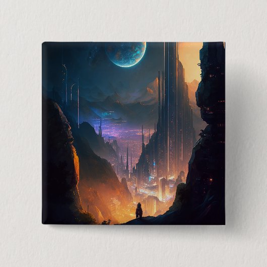 Badge Carré 5 Cm Bouton Ville futuriste de science-fiction (Devant)